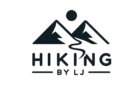 Vector design of a clean and simple logo for 'Hiking By LJ'. The logo features a minimalist mountain silhouette, a trail path, and the name 'Hiking By LJ' in a modern and sleek font.